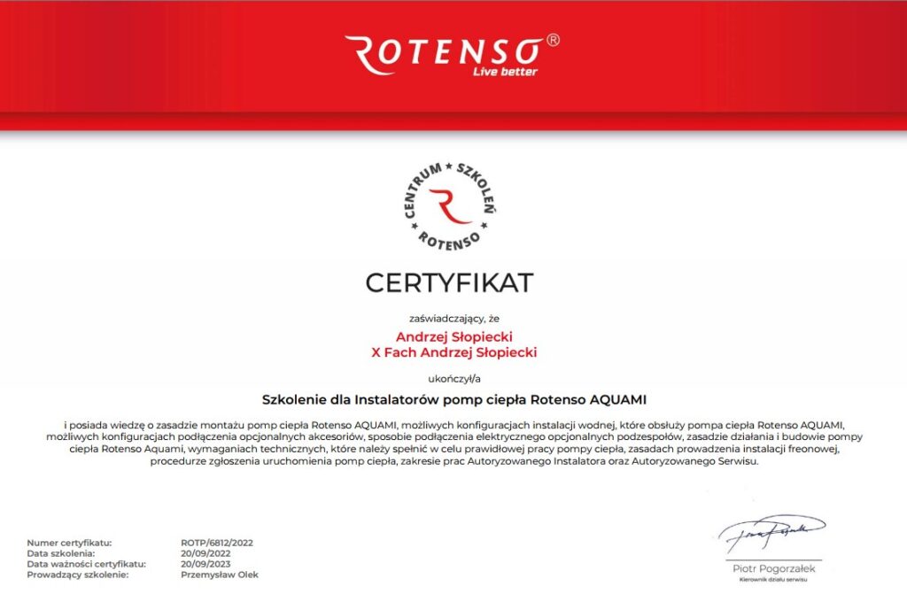 Certyfikowany instalator Rotenso